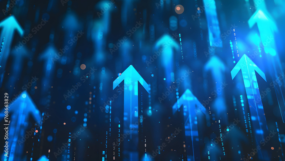 Poster abstract background with blue glowing arrows pointing upwards, representing growth and progress in t