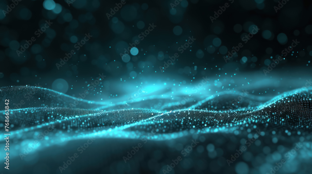 Poster Abstract digital landscape with sparkling blue particles forming a dynamic wave pattern