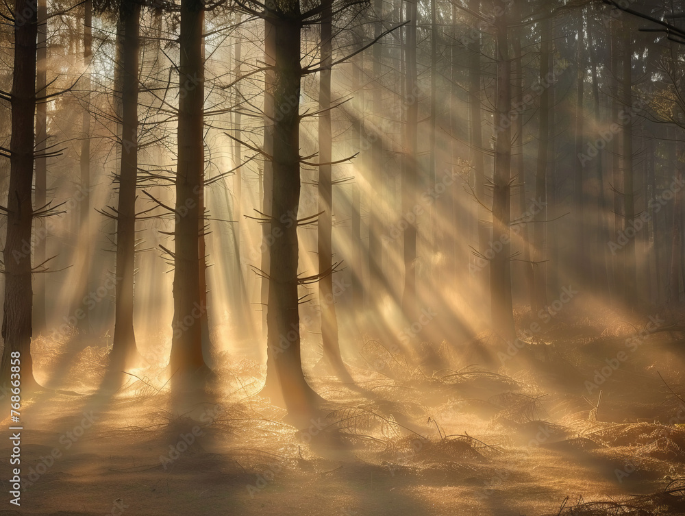 Poster an entrancing forest scene with rays of golden sunlight filtering through, invoking warmth and seren