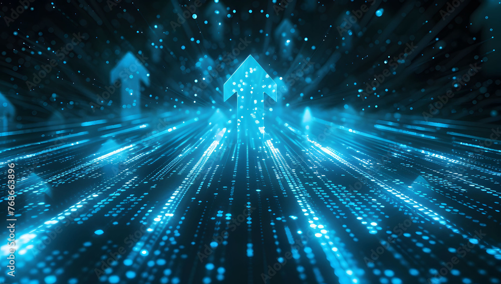 Poster abstract background with blue glowing arrows pointing upwards, representing growth and progress in t