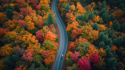 Autumn's full splendor on display with a winding road through a multicolored forest canopy