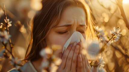  woman with hands holding a handkerchief near her nose is going to sneeze on the background of blooming trees