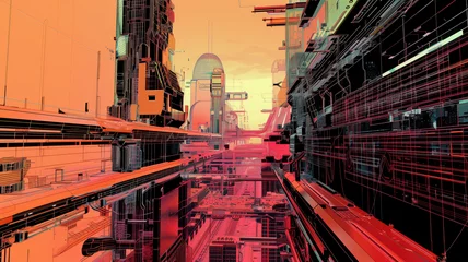 Fototapeten pop art of a futuristic city. digital art illustration. generative AI. © Pavithiran