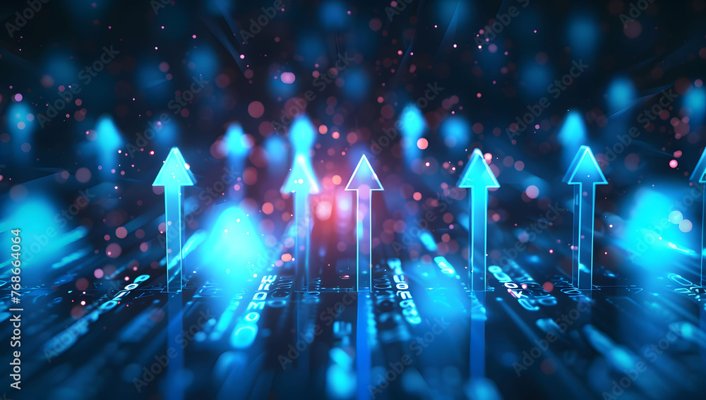 Poster abstract background with blue glowing arrows pointing upwards, representing growth and progress in t
