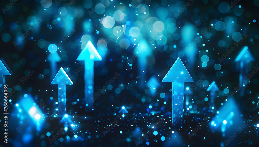 Poster abstract background with blue glowing arrows pointing upwards, representing growth and progress in t