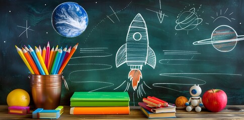Student Artists Rocket Drawing on Green Chalkboard Showcasing Space Exploration and Creativity in School Environment