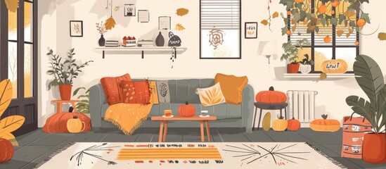 Autumn-themed cozy living room with still life objects represents leisure and weekends. - obrazy, fototapety, plakaty