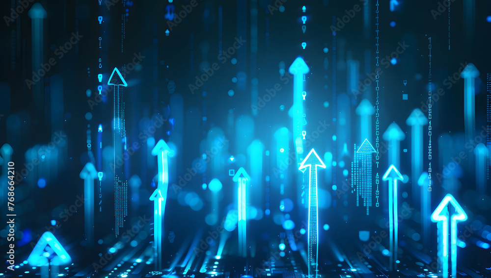 Poster abstract background with blue glowing arrows pointing upwards, representing growth and progress in t