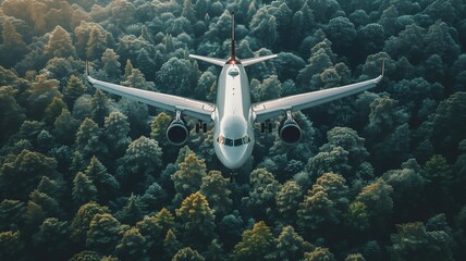 Fototapeta premium Airplane flying over the green forest