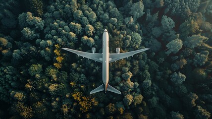 Airplane flying over the green forest