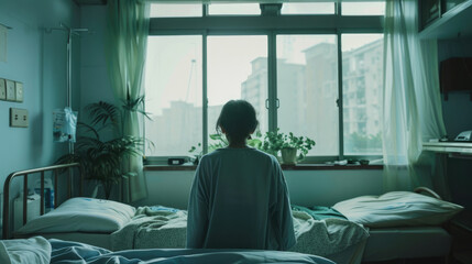 Figure of sitting patient on a hospital bed. Patient sitting on bed - obrazy, fototapety, plakaty