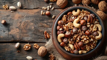 Obraz na płótnie Canvas a wooden bowl filled with a colorful assortment of mixed nuts, providing ample copy space for text, perfect for promoting healthy snacking.