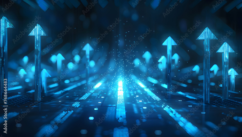 Poster abstract background with blue glowing arrows pointing upwards, representing growth and progress in t
