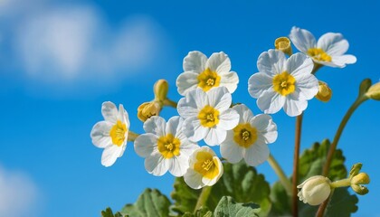 prig forest white flowers primroses on a beautiful blue background macro. Blurred gentle sky-blue background. Floral nature background, free space for text. Romantic soft gentle - obrazy, fototapety, plakaty