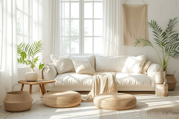 Fototapeta na wymiar Minimalist home decor with a serene white sofa and natural accents in sunlit space