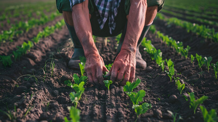 Fototapeta premium an elderly man plants a seedling ecology concept, outdoor hobby, senior gardening
