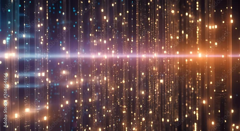 Poster swirling abstract patterns of gold and blue lights dance and flicker across the screen, creating a d