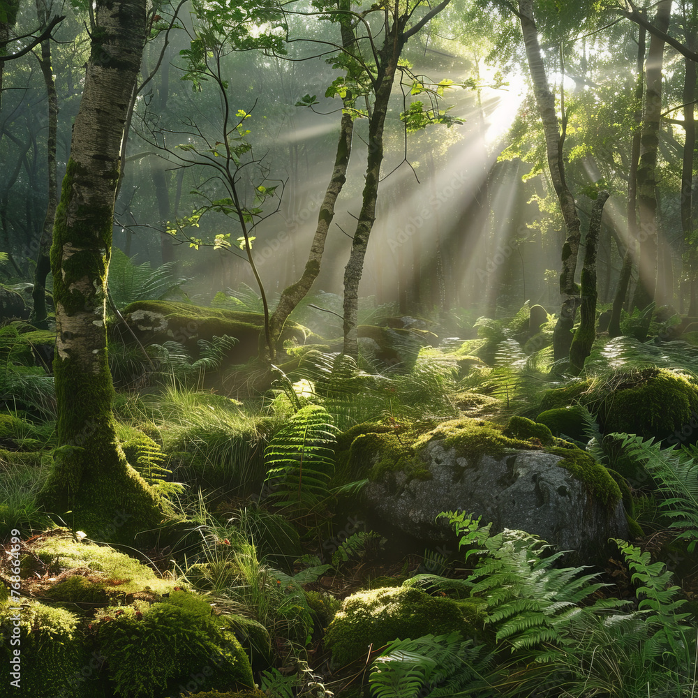 Poster a magical view of sunlight filtering through trees in a misty, green forest, creating a tranquil and