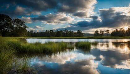 A serene evening landscape capturing the sun's rays piercing through clouds over a still lake surrounded by lush grass and trees