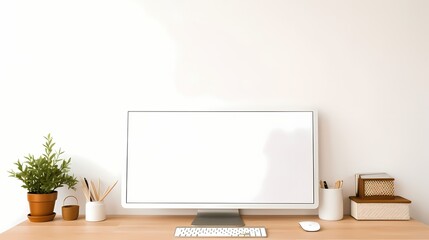 A close-up of a computer monitor displaying a clean desktop with scattered stationery items on a minimalist white table.