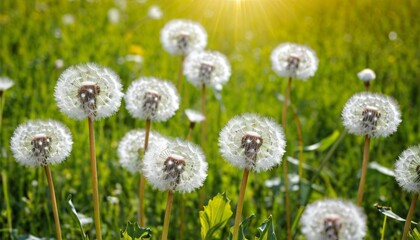 Obraz premium spring background with white dandelions.