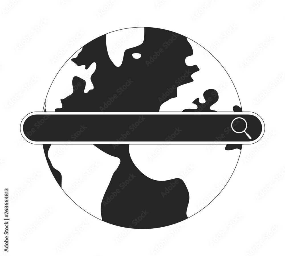 Poster search bar on globe black and white 2d line cartoon object. international internet browser. global n