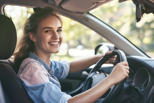 Portrait of smiling young woman driving a car