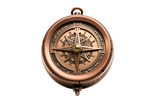 Gleaming Bronze Compass Points the Way on White Canvas. On a White or Clear Surface PNG Transparent Background.