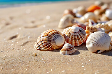 Fototapeta na wymiar seashells on the beach, many seashells on the sand, AI Generative