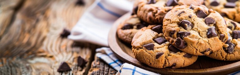 A plate with freshly baked American chocolate chip cookies sitting on a rustic wooden table - obrazy, fototapety, plakaty