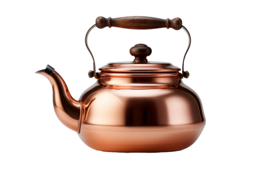 Gleaming Copper Tea Kettle. On a White or Clear Surface PNG Transparent Background.