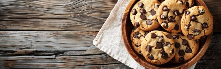 A wooden bowl overflowing with American cookies loaded with chocolate chunks - obrazy, fototapety, plakaty