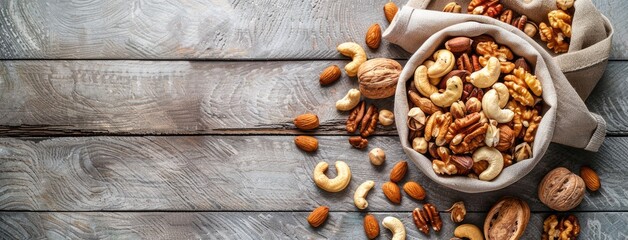 a wooden bowl filled with a colorful assortment of mixed nuts, providing ample copy space for text, perfect for promoting healthy snacking.
