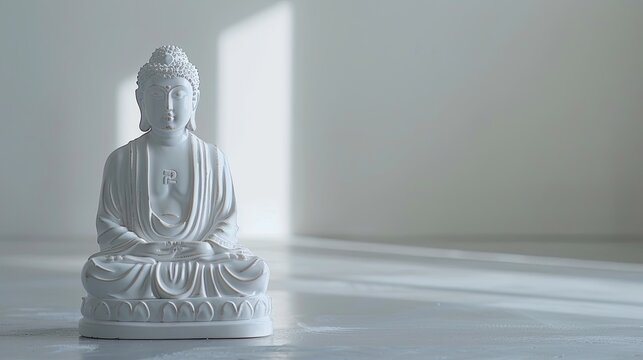 White Buddha with sunrays on white background, copy space
