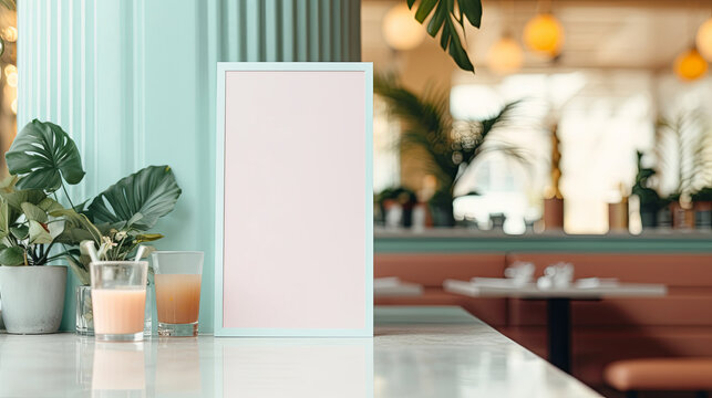 empty white menu mockup in pastel retro cafe