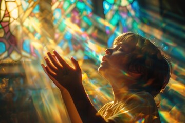 A young boy is praying in front of a stained glass window - obrazy, fototapety, plakaty