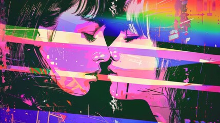 LGBT pride two girls kiss, Y2k art for t-shirts and clothes, lips kiss collage with a negative photocopy effect. Rough brutal elements for 90s vintage design. Ai Generation