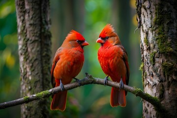 Colorful Triple Red Birds Sits On A Branch In The Forest Birds HD picture