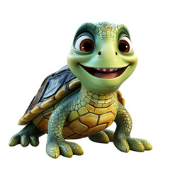 Fototapeta premium Cute 3D design turtle cartoon character with smiling facial expression isolated on transparent background, generative ai