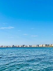 Fototapeta premium Summer cityscape of Vlore town. Adriatic sea, Albania.