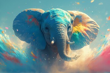 colorful powder explosion with elephant, colorful background