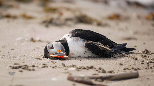 dead atlantic puffin on the beaches of the north sea. Likely victims of Avian avian flu, bird flu concept