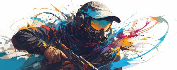 Create an epic artwork of paintball player with splashes, colorful powder and black background - obrazy, fototapety, plakaty