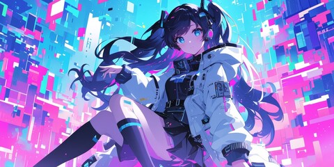 Cute anime girl in a white coat with long black hair and blue eyes, against a colorful background
