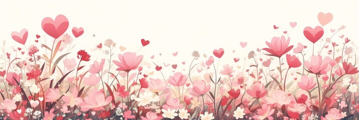 Cute pink and red heart-shaped flowers, a romantic background design for Valentine's Day, with pastel colors, a vector illustration. 