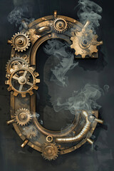 The "C" is transformed into a steampunk spectacle, adorned with brass gears and pipes, from which steam wisps escape, showcasing an intricate industrial ballet.