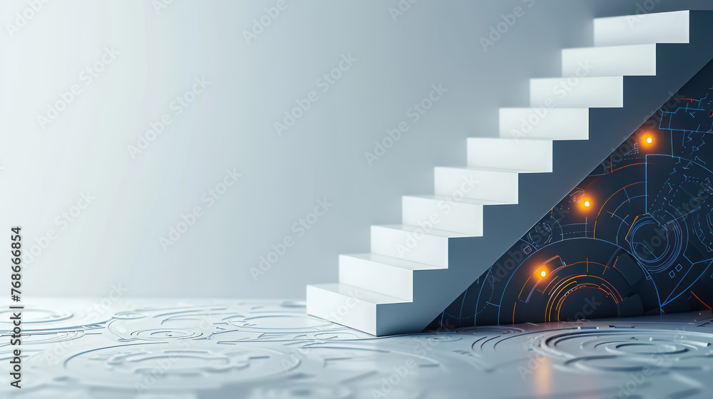 Poster Modern staircase merging with digital circuit board, representing innovation and technological advancement
