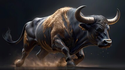 A fiercely raging bull, his muscles rippling beneath his shimmering coat.
