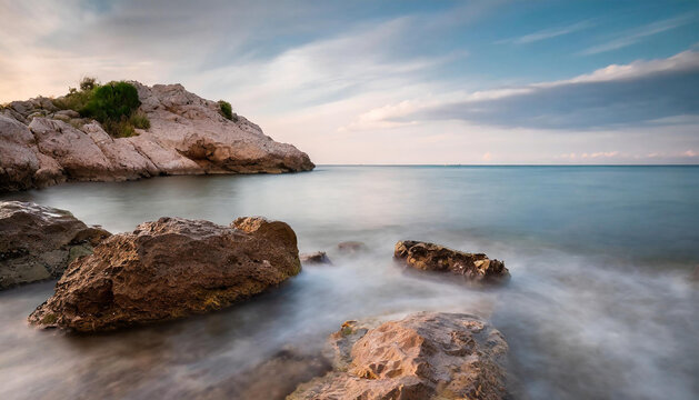 Beautiful sea view with rocks, blue sky and calm water. Long exposure photography.