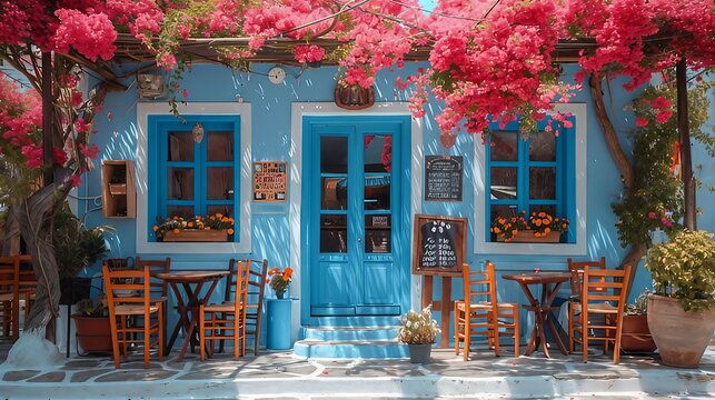 Fototapeta Traditional Greek street cafe with flowers. AI generate illustration